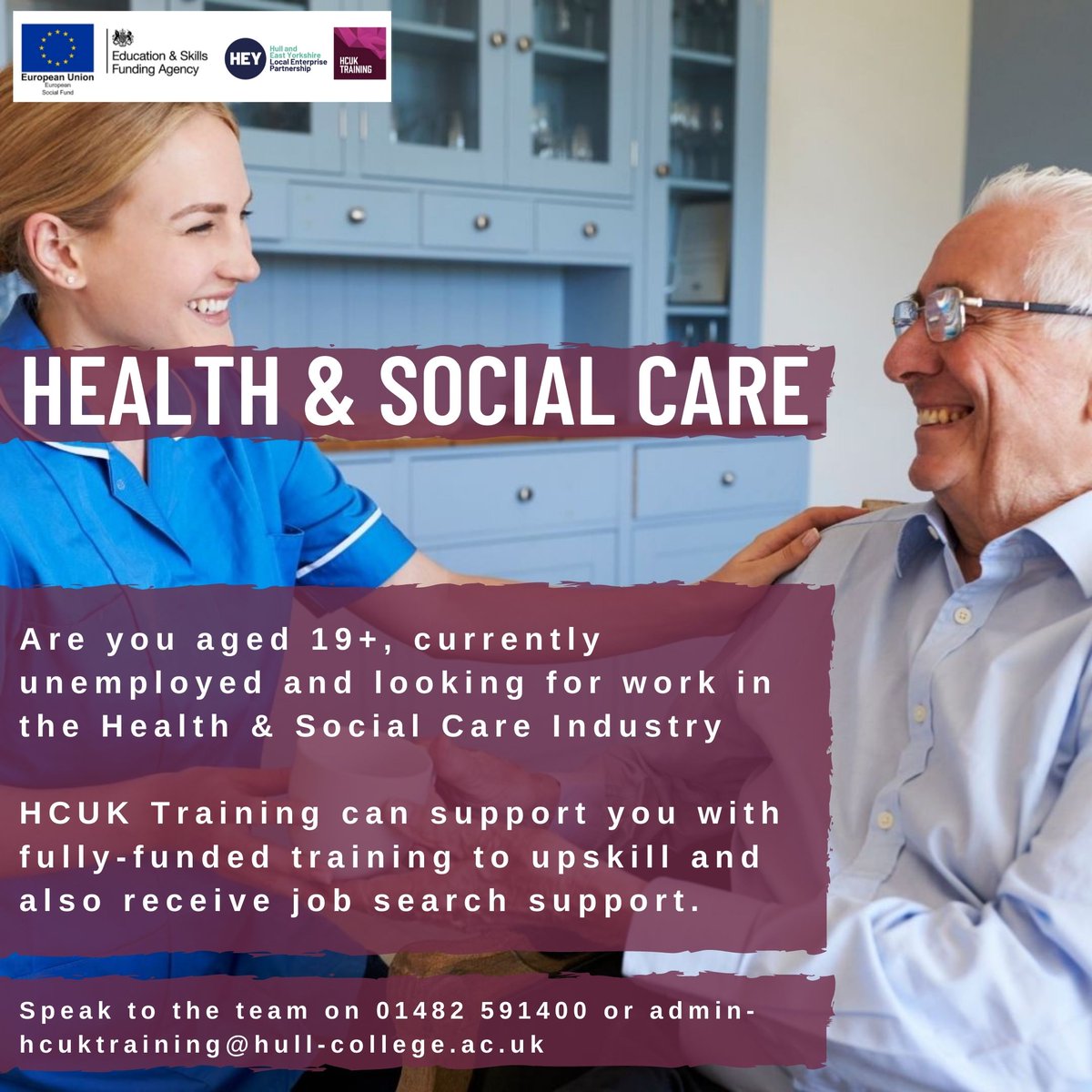 At @hcuk_training we work with learners aged 19+ who are currently unemployed &amp; looking for work. We run a number of H&amp;SC courses speak to our team for more info! #CareJobsHumber