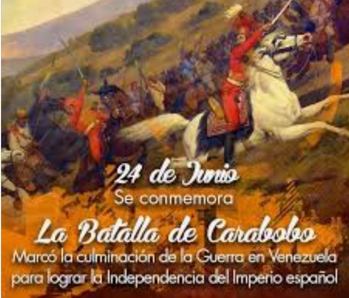 #EFEMÉRIDES || La Batalla de Carabobo ocurrio #24Jun de 1821 es el evento cumbre de nuestra revolución independentista, con ella el pueblo venezolano hecho ejército derrota de forma definitiva al imperio español y logra su primera independencia. 

#GNBApure
#LiberenALosPatriotas
