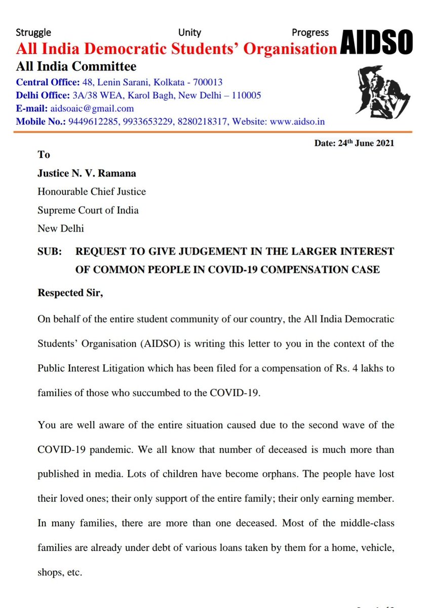 AIDSO_AIC's tweet photo. AIDSO requests to CJI to give Judgement in the larger intrest of common people in COVID-19 compensation case. 
#AIDSO https://t.co/PgjGq6uW9T