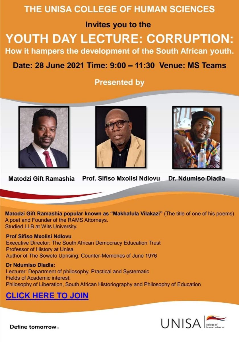 unisaradio's tweet photo. #Discussion: The impact of corruption on the youth and how can it be challenged?
Also, join the @unisachs Youth Day Lecture on the 28th June 2021 to discuss this topic
#Impactofcorruption
https://t.co/0tVAHh5zDE https://t.co/vkj6u8KaLW