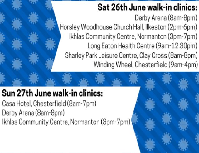 DerbyNASUWT's tweet photo. Also Derby/Derbyshire walk-in vaccination clinics this weekend https://t.co/hyHDzYxE7s