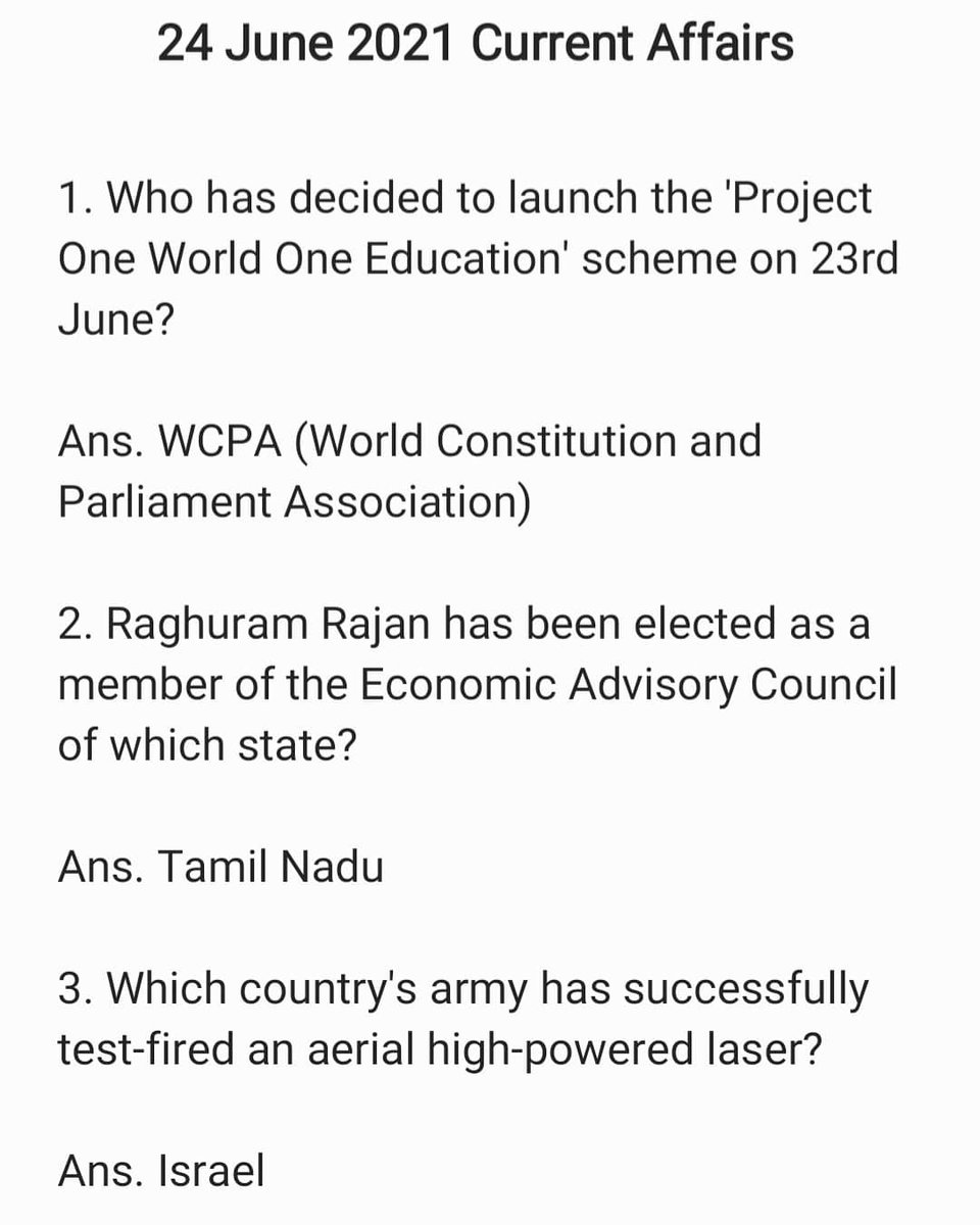 Topclass_Edu's tweet photo. Today's Current Affairs 

Follow 👉 @Topclass_Edu 

#currentaffairs #UPSC #GK
#generalknowledge #ias #ips #currentaffairs2021 #knowledge #psc #ssc #exam #govtjobs #currentaffairslatest #gk2021 #pcs  #india #bcci #cricket #motivation #learning #fact #facts #study #lbsnaa #gktricks https://t.co/ZBR5ug2Is4