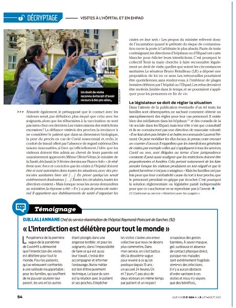 .<a href="/UFCquechoisir/">UFC-Que Choisir</a> s'empare du scandale des restrictions de visite : "leurs raisons ? la défiance vis-à-vis des proches, la tendance à ne considérer le patient que dans sa dimension biologique, la peur du procès et le confort de travailler sans regard extérieur". <a href="/LaurentFremnt/">Laurent Frémont</a>