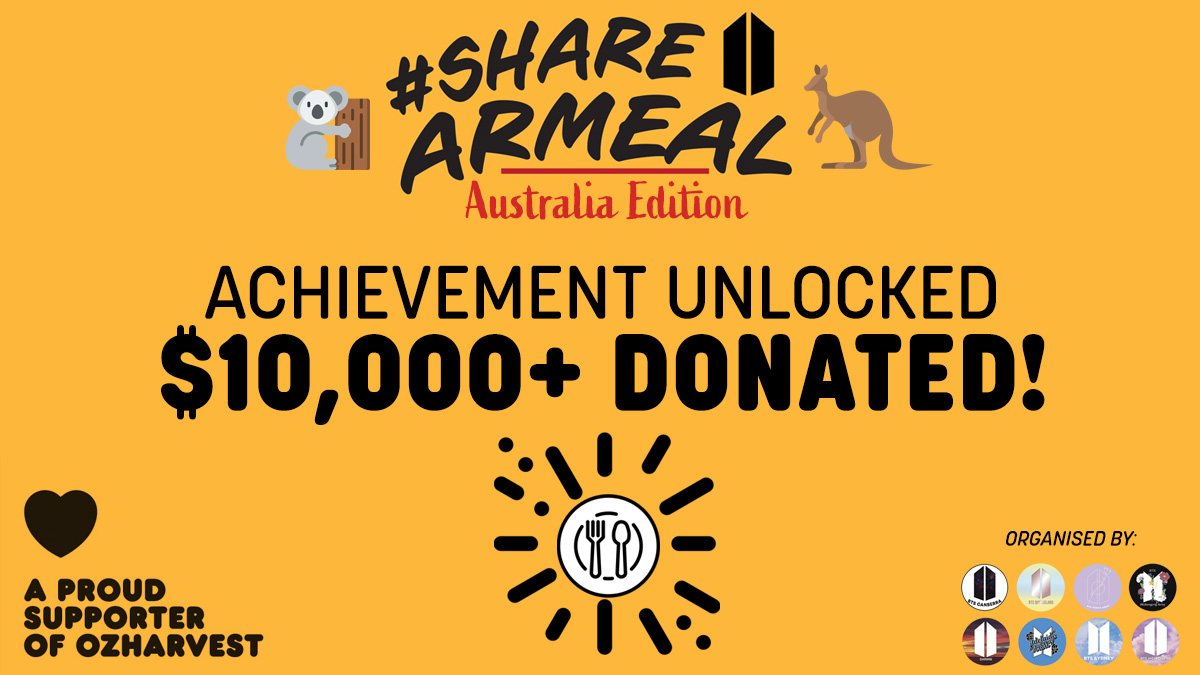 bts_canberra's tweet photo. 🔓FINAL GOAL - $10K UNLOCKED!🔓

ARMY your support and generosity for the #ShareARMeal campaign makes us incredibly proud to be a part of this community! 💜

Funds raised for @OzHarvest will provide 20,000 vulnerable Australians with access to quality and nutritious food. https://t.co/hIseV5T52t