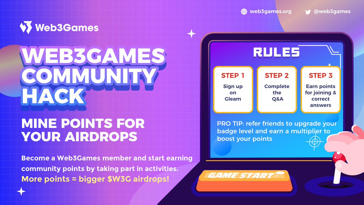 web3games's tweet image. 🎉 NEW COMMUNITY EVENT 🎉

Claim your 🆓 W3G NFT Member Badge and mine community points for airdrops!💰 

Member Signup: gleam.io/34QES/web3game…

More on our Community Hack Program: medium.com/web3games/web3… 

#Web3Games #BlockchainGaming #DeFi #NFT
