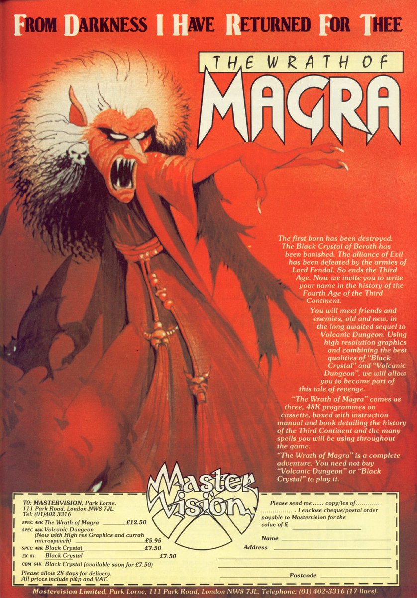 TakodanTweets's tweet photo. 1983 advert for the game 'The Wrath of Magra' by #MasterVision on #ZXSpectrum #ZX81 and #Commodore #C64. Looks scary. ^^ https://t.co/U9aN1qeqrd
