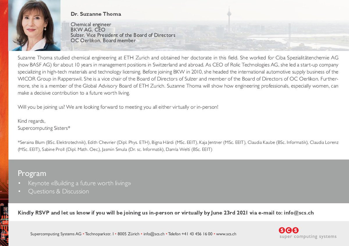 We are very proud to present to you our guest speaker for this year’s #womeninengineering event on the 29th of June:

Dr. Suzanne Thoma, CEO of BKW

She will show how engineering professionals, especially women, can make a decisive contribution to a future worth living.
#Equality