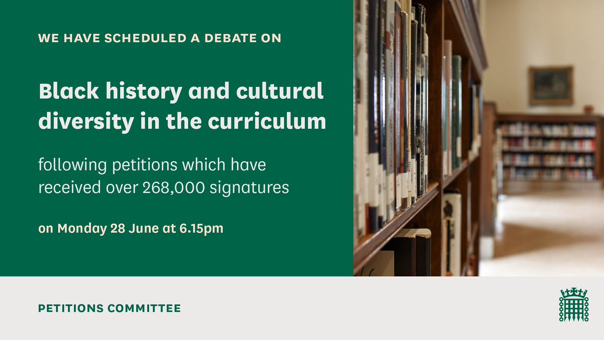 HoCpetitions's tweet photo. 🗓️ We have scheduled a debate on a petition relating to Black history and cultural diversity in the curriculum, for Monday 28 June.

The debate will be led by Committee member @Chris_EvansMP.

👀 Find out more: https://t.co/NXEGggS7vx https://t.co/1fGq4EaKkE