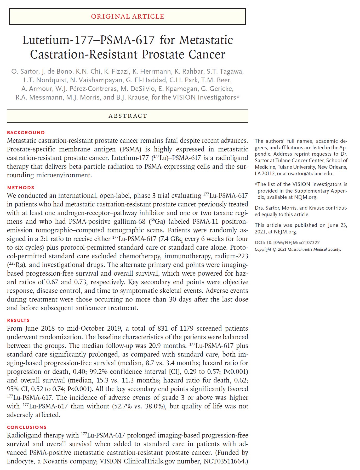 Pierre Blanchard Md Vision Trial Out In Today S Nejm Few Days After Asco21 Plenary Lu Psma Compared To Soc For Metastatic Castrate Resistant Prostatecancer Post Ari Taxane Os Pfs Time To Skeletal