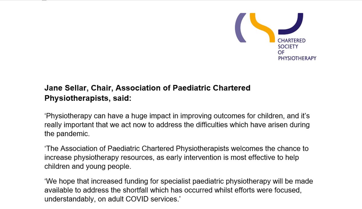 thecsp's tweet image. Following pressure from CSP and other groups, the government has set up a cross-departmental working group to improve access to therapies for children and young people. #righttorehab
 
Statement by the Association of Paediatric Chartered Physiotherapists below: