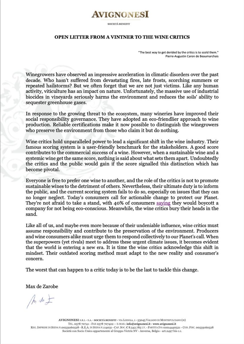 OPEN LETTER FROM A VINTNER TO THE WINE CRITICS
...when a sustainable wine and a systemic wine get the same score, nothing is said about what sets them apart...