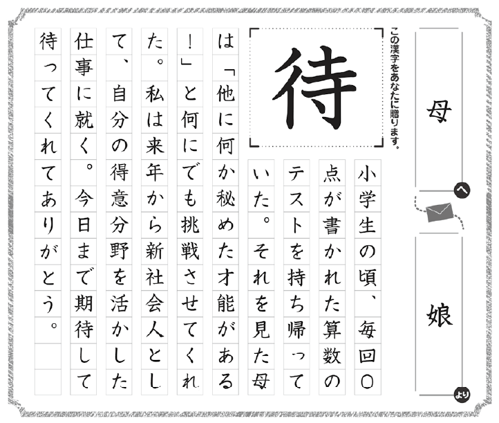 Uzivatel 今 あなたに贈りたい漢字コンテスト Na Twitteru 前回受賞作品紹介 母娘の挑戦の物語 今 あなたに贈り たい漢字コンテスト 今年度の応募要項はこちら T Co B2lvrqrkp8 年度 審査員賞 大学生 一般部門 待 漢字 コンテスト 応募 漢