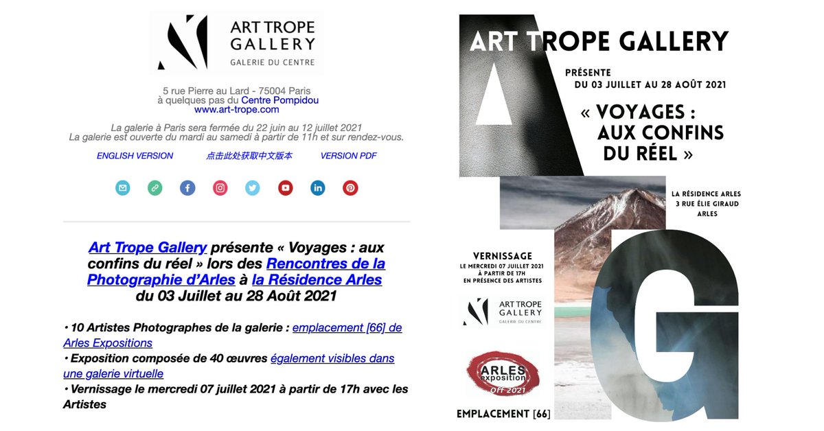 [#arlesexpositions]🔛
<a href="/ArtTropeGallery/">ART TROPE GALLERY</a> présente «Voyages: aux confins du réel» lors des @rencontresarles du 03 Juillet au 28 Août 2021 à la Résidence Arles

📍3 Rue Élie Giraud, Arles
👉Vernissage mercredi 07 juillet
👉Emplacement [66]
👉Galerie virtuelle: bit.ly/3vziZ7b