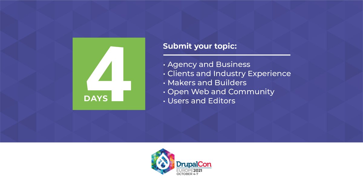 4 days to go!

#DrupalConEur 2021 is scheduled for October 4th - 7th, and the Call For Papers deadline is on June 28th.

Now is the time to submit your ideas 🙌

Some quick links:
* events.drupal.org/europe2021/tra…,
* tinyurl.com/dceur21-cfp,
* events.drupal.org/europe2021/new…