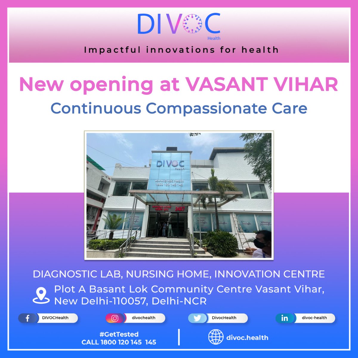 DivocHealth's tweet photo. We are honored to announce that Divoc Health is now available at Vasant Vihar, New Delhi also.
Our new venture aims to simplify test procedures and bring comfort throughout the process with cutting-edge technology and services.

#HealthCare #DivovcHealth #VasantVihar #NewOpening https://t.co/D9WdJKJMG8