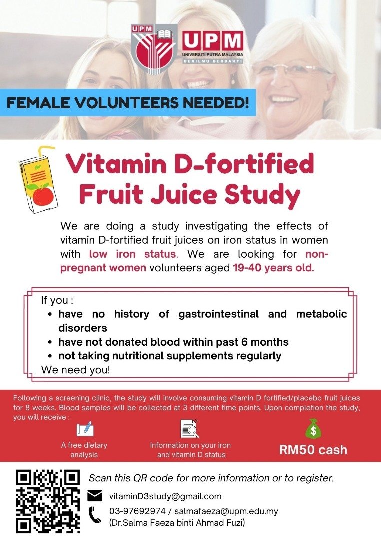 MomBaby_Study's tweet photo. Hi! 
We are delighted to invite you to join a study on Vit D-fortified fruit juice

If you are female :-
✅ Age 19-40 years old
✅ No history of gastrointestinal and metabolic disorders
✅ Haven't donated blood within past 6 months
✅ Not taking nutritional supplements regularly https://t.co/Gvyp7PV4ii