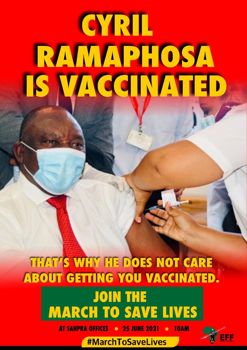 EFFSouthAfrica's tweet photo. Cyril Ramaphosa is vaccinated and does not care about getting you vaccinated.

JOIN the March to save lives TOMORROW . #MarchToSaveLives https://t.co/QwpOuDnfEU
