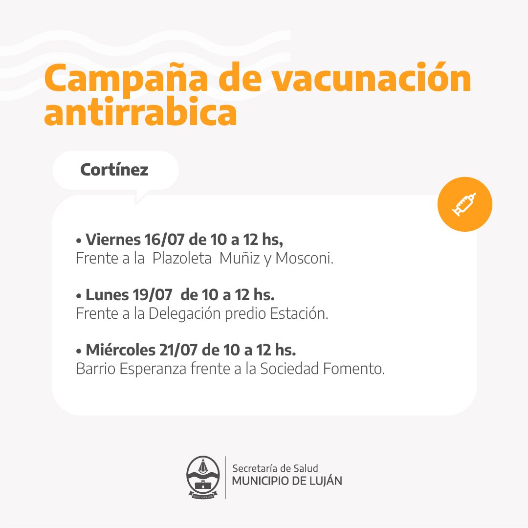 MasAmorAnimaLlu's tweet photo. VACUNACION ANTIRRABICA MUNICIPAL EN LOS PUEBLOS DEL PARTIDO DE LUJAN
🐾SE ESTA ELABORANDO EL CRONOGRAMA DE LUJAN CIUDAD
👉Es muy importante que lleves a vacunar a tu perro/a y gato/a. 🚦HAY RABIA EN LA PROVINCIA DE BUENOS AIRES! NO NOS CONFIEMOS MAS! https://t.co/HscN3j8Mha