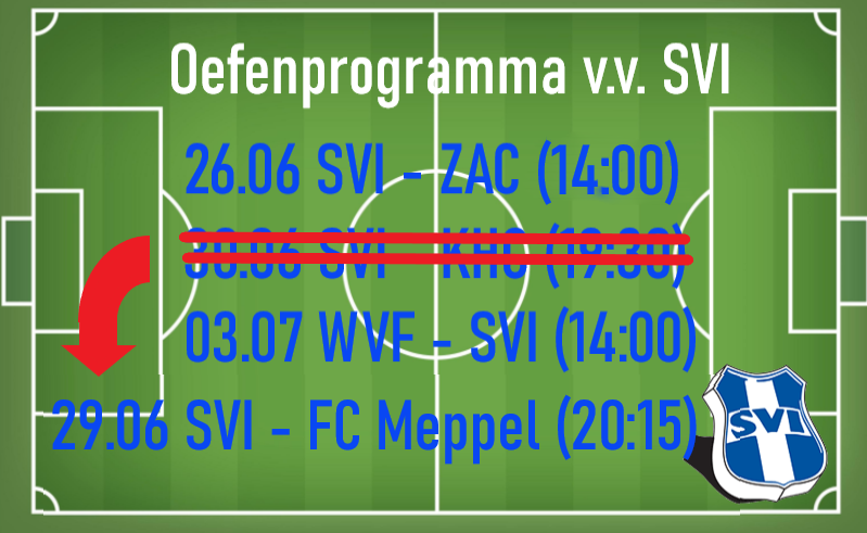 Wijziging in het oefenprogramma! De wedstrijd van 30 juni wordt verplaatst naar 29 juni. Er wordt niet tegen KHC Kampen, maar tegen <a href="/FCMeppel/">FC Meppel</a> gespeeld.