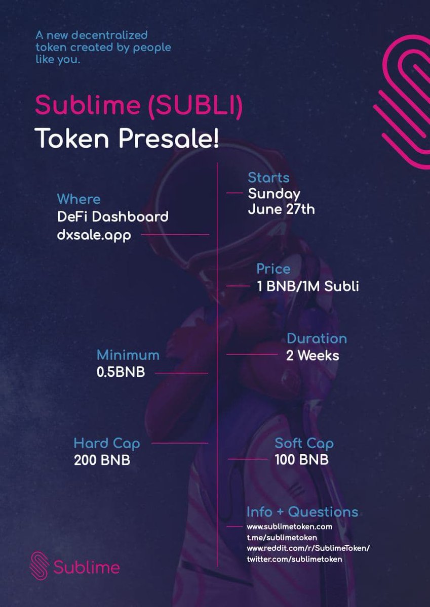 SublimeToken's tweet image. Don't miss our presale on the 27th of June 2021🚀

Visit our website sublimetoken.com for more info!
#SUBLI #sublimetoken #presale #Cryptocurency #BSC #Dxsale #TOTHEMOON