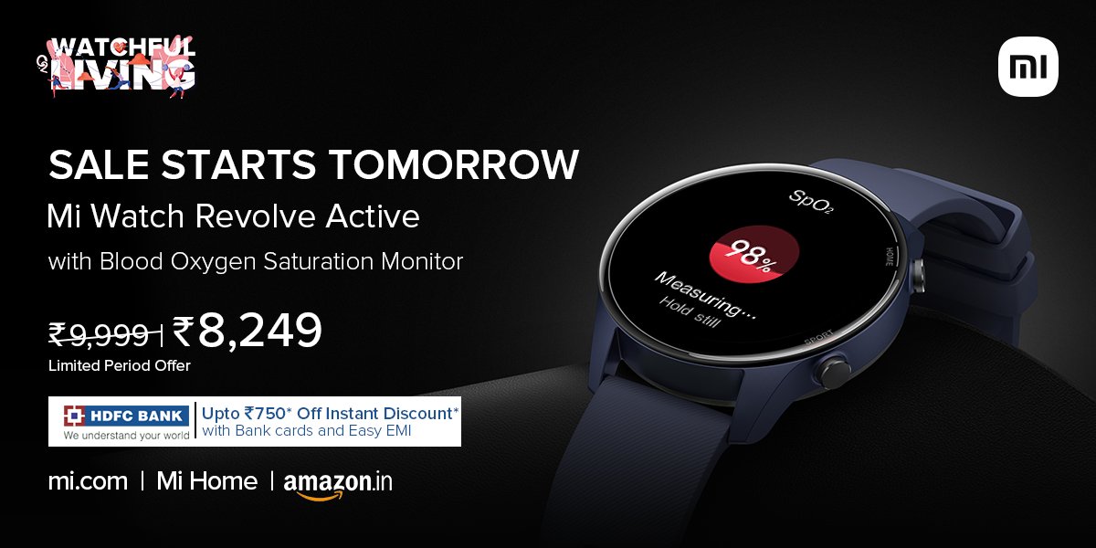 XiaomiIndia's tweet image. The wait is almost over! 

Bring #WatchfulLiving to your home with #MiWatchRevolveActive from tomorrow.

Available on mi.com, Mi Home, and @amazonIN.

Check out - bit.ly/3j6Uv2P