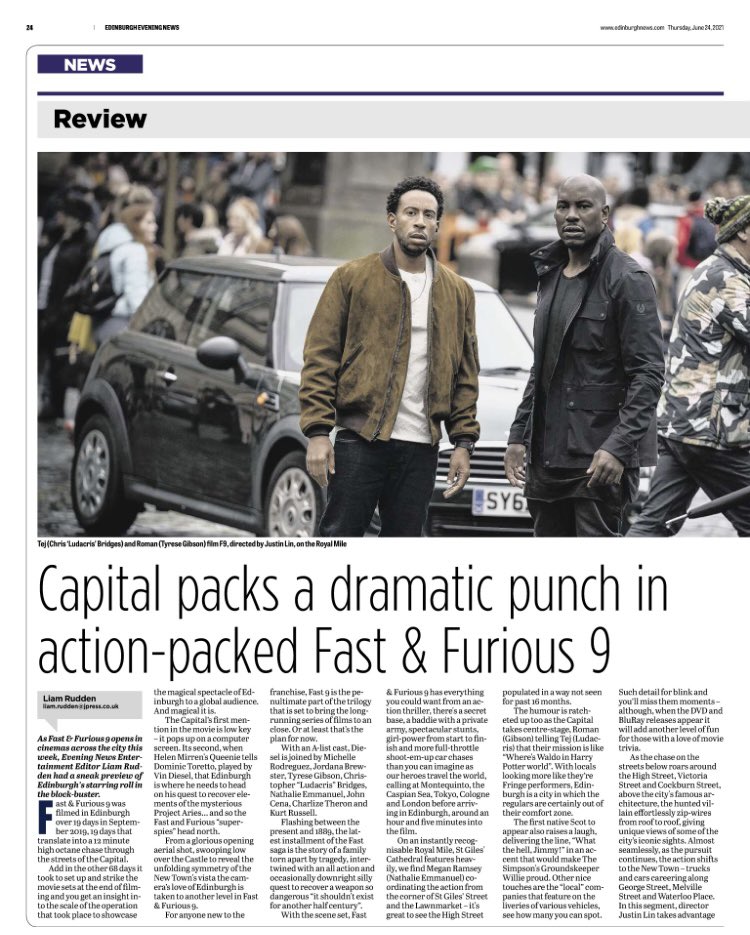 LiamRudden's tweet photo. #FastAndFurious9 opens in cinemas across the U.K. today. Here’s my review of #Edinburgh’s contribution for the Evening News. Read it online here: https://t.co/dWJ9qiPERx
#Fast9 #FastAndFurious #F9 #FastAndFuriousReview #subscribe #BuyAPaper https://t.co/igFfEgHTVz