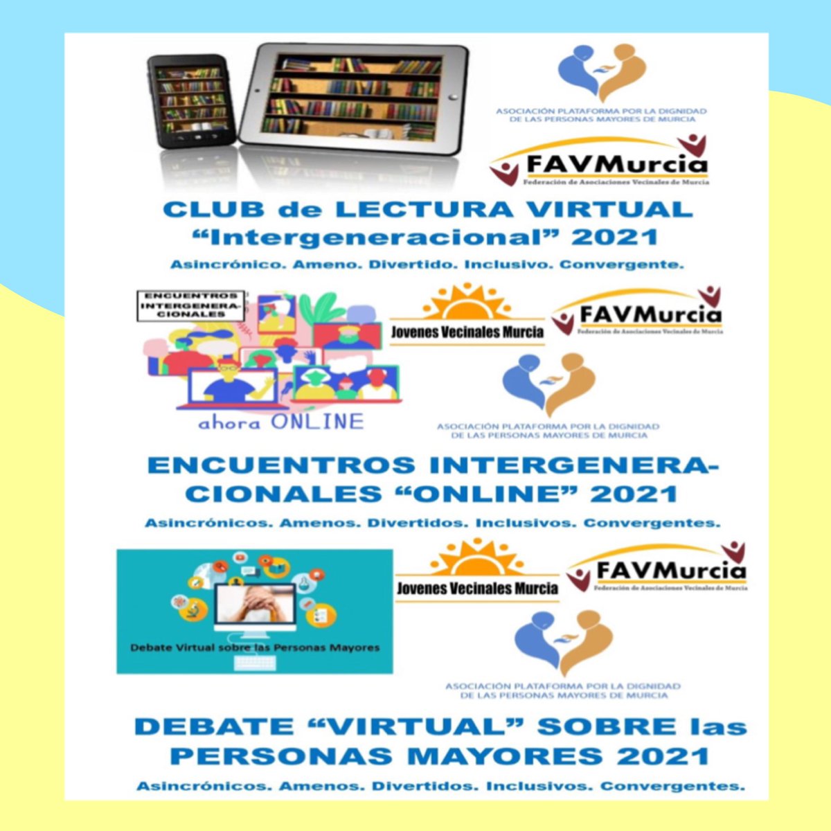 Encuentros Intergeneracionales🧒🏻👴🏽

🔝L@s jóvenes nos unimos a este proyecto desarrollado entre <a href="/FAVMURCIA/">favmurcia</a>, <a href="/pladigmayores/">pladigmayores.murcia</a> y Jóvenes Vecinales Murcia para fomentar la participación y relaciones entre colectivos de forma digital

🤗Inscripciones en favmurcia.es