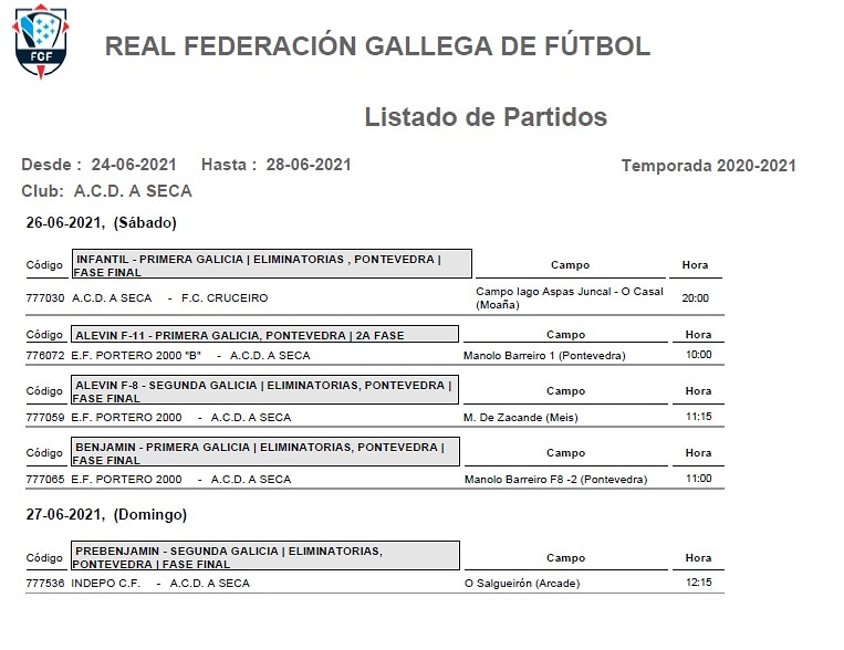 ⏰Horarios Final 🏟

En juego:
Infantil A - Título de liga 🏆 - Ascenso a Liga Gallega 🥇

Alevin F8 - Título de Liga 🏆 - Ascenso 1a Alevin conseguido 🥇✅

Prebenjamin A - Título de Liga 🏆 - Ascenso a 1a Prebenjamin conseguido 🥇✅

Benjamin A - Final liga 1a Benjamin🥉