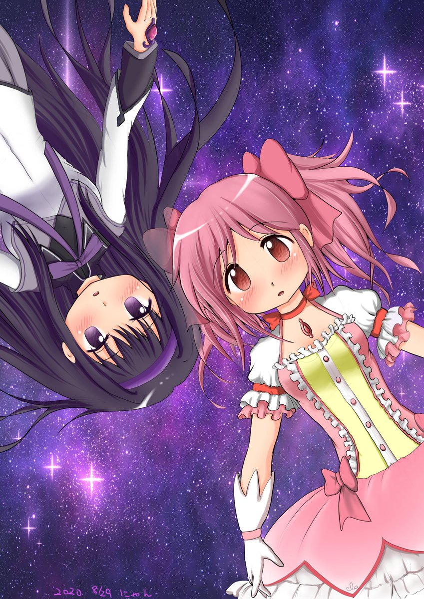 まどか10周年お祝い まどかちゃん ほむらちゃん にゃんこの森のいろはちゃんのイラスト まどか10周年お祝い まどかちゃん ほむらちゃん にゃんこの森のいろはちゃんのイラスト