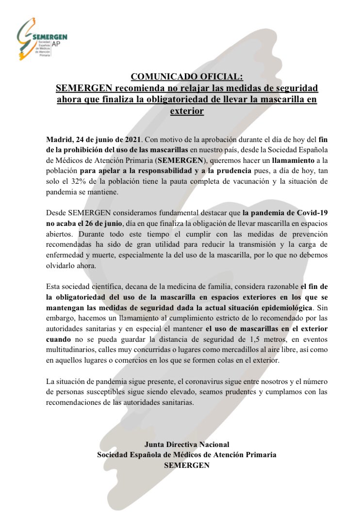 🔎 Recomendamos no relajar las medidas de seguridad ante la #COVID19
📌Comunicado oficial JDN <a href="/SEMERGENap/">SEMERGEN | Médicos de AP #SEMERGEN25</a> 
ℹ️ semergen.es