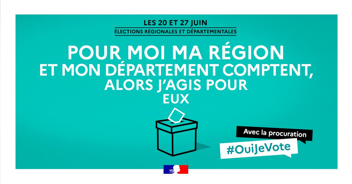 #Élections2021 🗳 | Le deuxième tour des élections départementales et régionales aura lieu le 27 juin prochain. Pour moi, ma région et mon département s'engagent, alors je me mobilise pour eux. #OuiJeVote Pour en savoir plus ➡️ ouijevote.fr