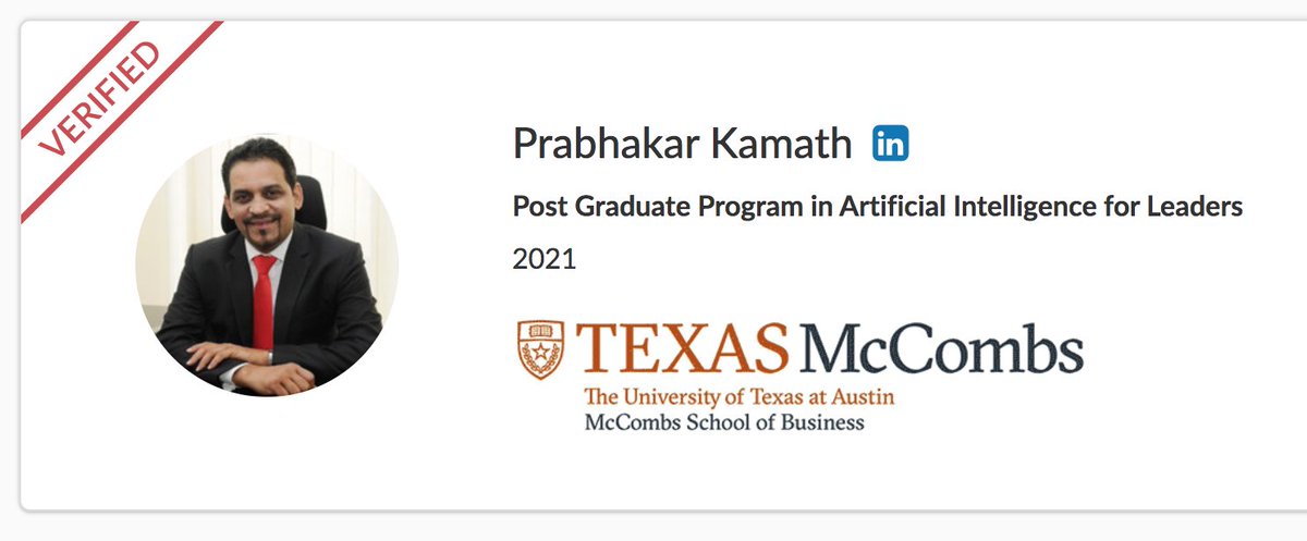 KamathKPI's tweet photo. Happy to share my progress on the ongoing Post Graduate Program (#PGP) in #ArtificialIntelligence for Leaders from @UTexasMcCombs, facilitated by @Great_Learning 
Excited to work on upcoming projects - #Thanks to the faculty &amp; well wishers for the continuous support

#Mccombs #AI https://t.co/e9Zxxs60K8