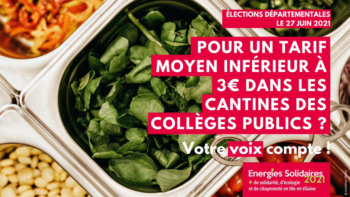 Proposition 2⃣ : Mise en place d’un tarif moyen inférieur à 3€ par repas dans les cantines des collèges publics. Un engagement soutenu par <a href="/CDebroise/">Catherine Debroise</a> et <a href="/VHaloua/">Vincent Haloua</a> pour les #departementales2021 🗳️

<a href="/esolidaires35/">EnergiesSolidaires2021</a> #EnergiesSolidaires2021 #EnergiesSolidaires35 #Rennes #CantonRennes2