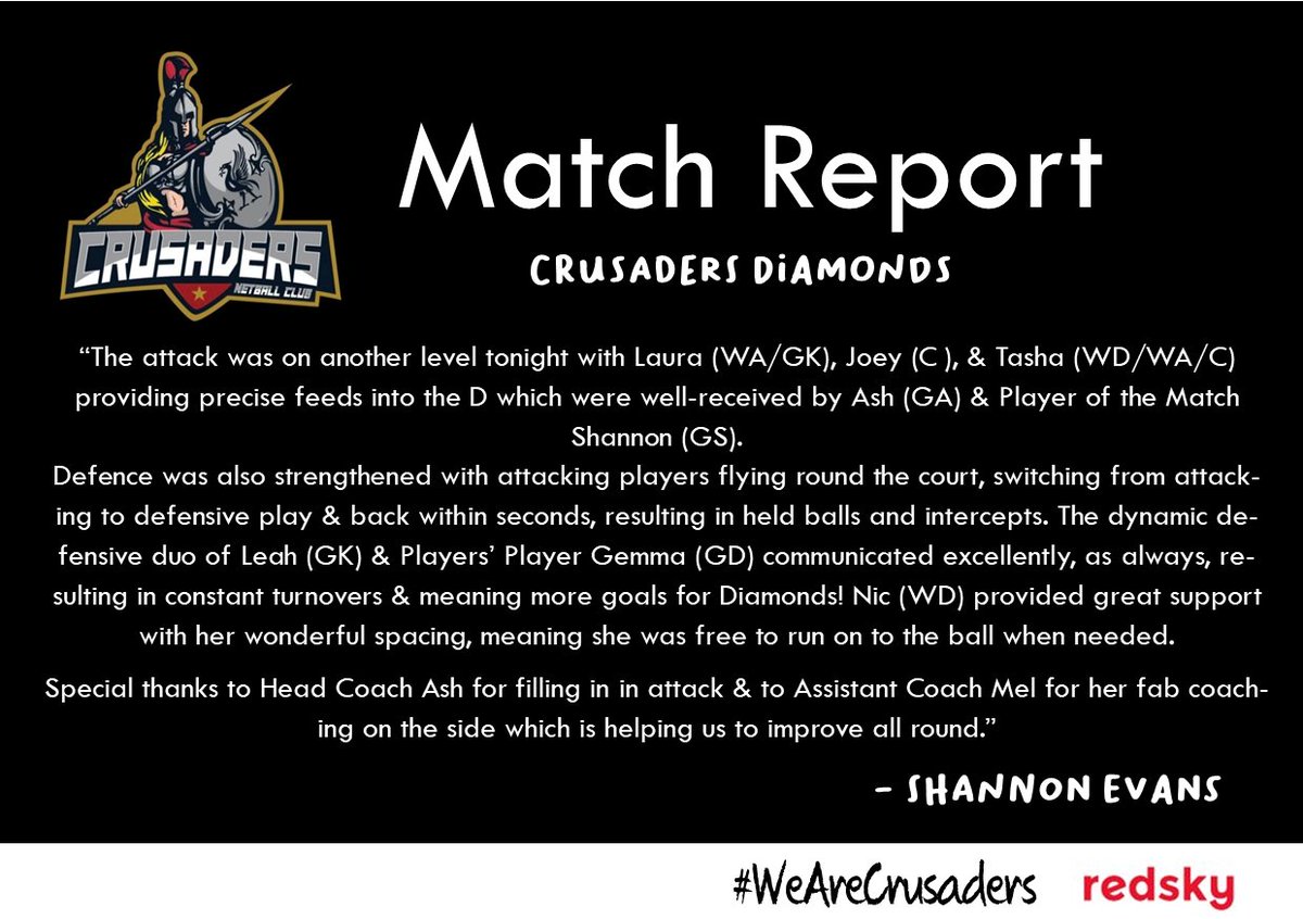 Crusaders Diamonds with yet another win this past Monday, <a href="/Shannon031198/">Shannon Marie Evans</a> with Player of the Match for the third game in a row! 🏆

#WeAreCrusaders #Netball #Liverpool