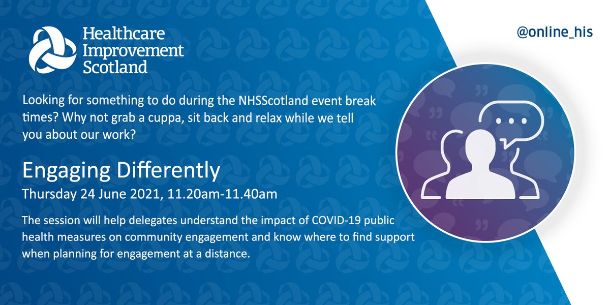 online_his's tweet photo. The COVID-19 pandemic has restricted how we engage with communities.
This mini-session highlights where to find support when planning for individual and community engagement at a distance.
Link available from our exhibition #NHSScot21 https://t.co/DrChxgcIpP