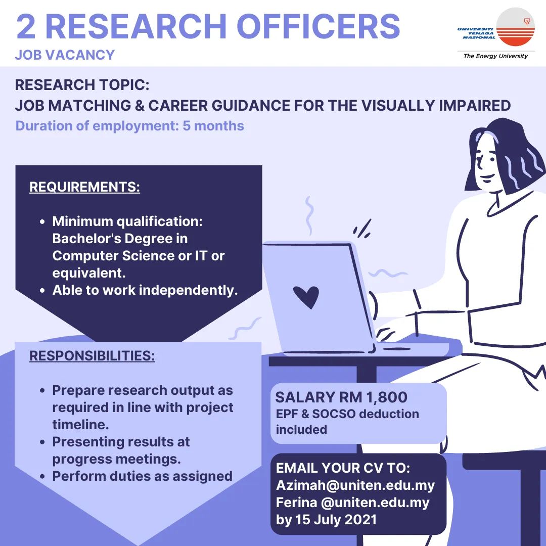 We are looking for 2 Research Officers from Malaysia with the following requirements: 
If interested, please send your CV to:
Azimah Bt Abdul Ghapar at Azimah@uniten.edu.my
and Raja Feninferina Bt Raja Azman at Ferina@uniten.edu.my
#UNITEN #CCI #ResearchOfficer #Research