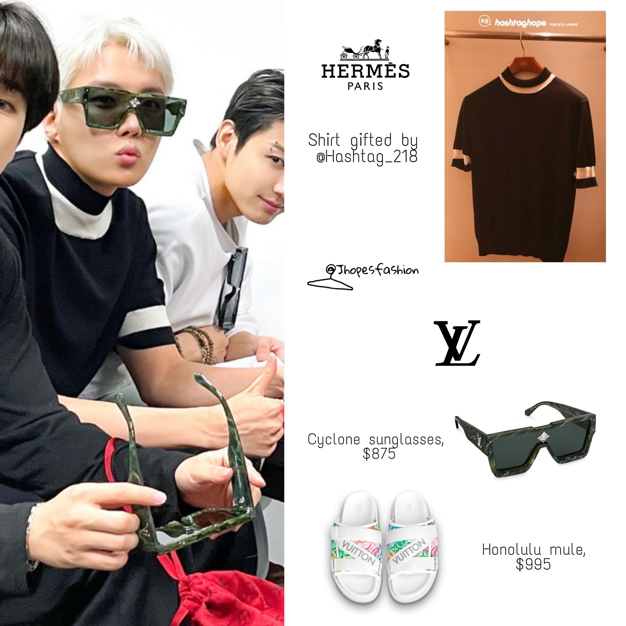 j-hope's closet (rest) on X: Hoseok's Louis Vuitton sunglasses & mule  and Hermes shirt 210624 - #LVMenSS22 reveal #Jhope #제이홉 #Jhopefashion #BTS   / X