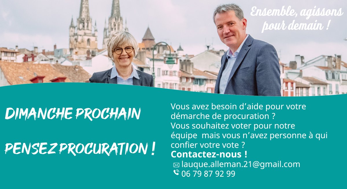 Lauque_Alleman's tweet photo. 𝗗𝗶𝗺𝗮𝗻𝗰𝗵𝗲 𝗽𝗿𝗼𝗰𝗵𝗮𝗶𝗻, 𝗣𝗲𝗻𝘀𝗲𝘇 𝗣𝗿𝗼𝗰𝘂𝗿𝗮𝘁𝗶𝗼𝗻! 🗳
👉Vous avez besoin d’aide pour votre démarche de procuration ? Vous souhaitez voter pour notre équipe  mais vous n’avez personne à qui confier votre vote ? 
Contactez-nous ! #bayonne #bayonne3 #paysbasque https://t.co/NYRZEojuyz