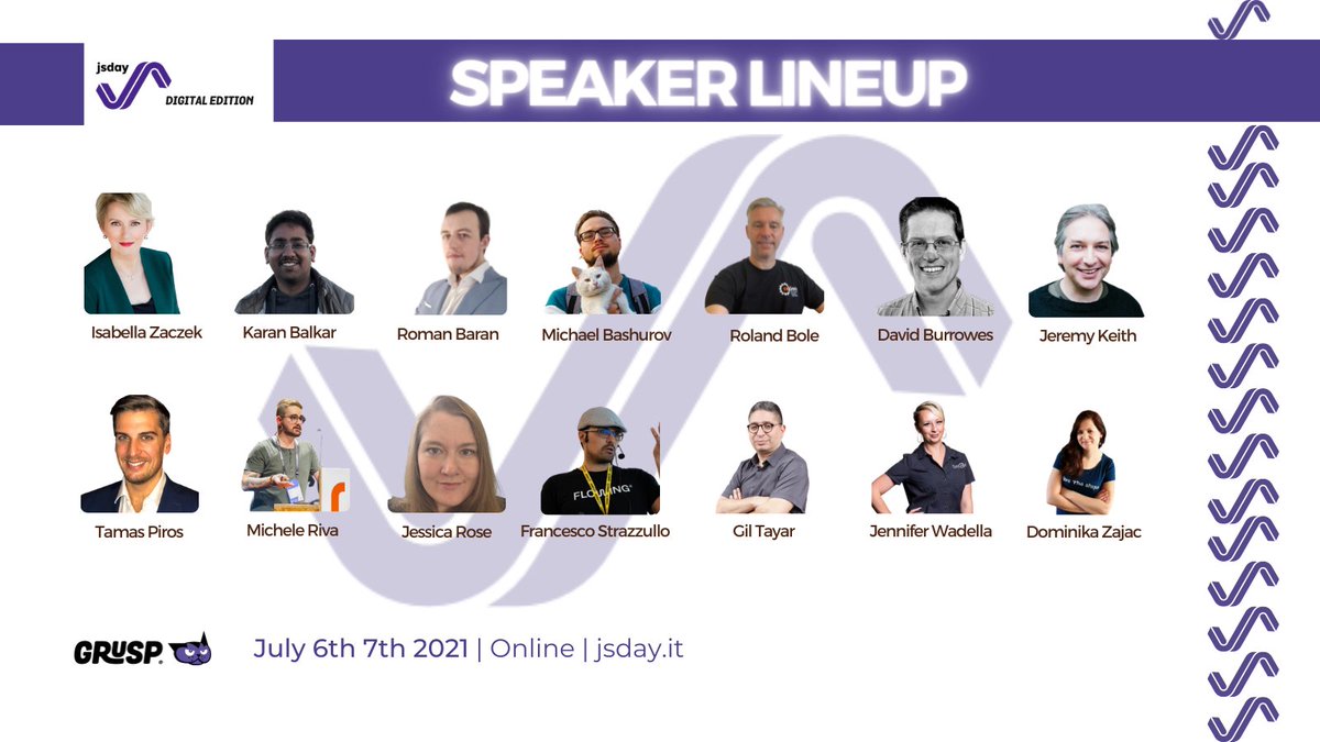 jsconfit's tweet image. #jsday speaker lineup is online!
Thanks to our amazing speakers 💜
@SaitoNakamura @samlinux
@adactio @tpiros @MicheleRivaCode @jesslynnrose @TheStrazz86 @giltayar @likeOMGitsFEDAY @domizajac Karan Balkar, Roman Baran, David Burrowes, Isabella Zaczek
🔗 jsday.it