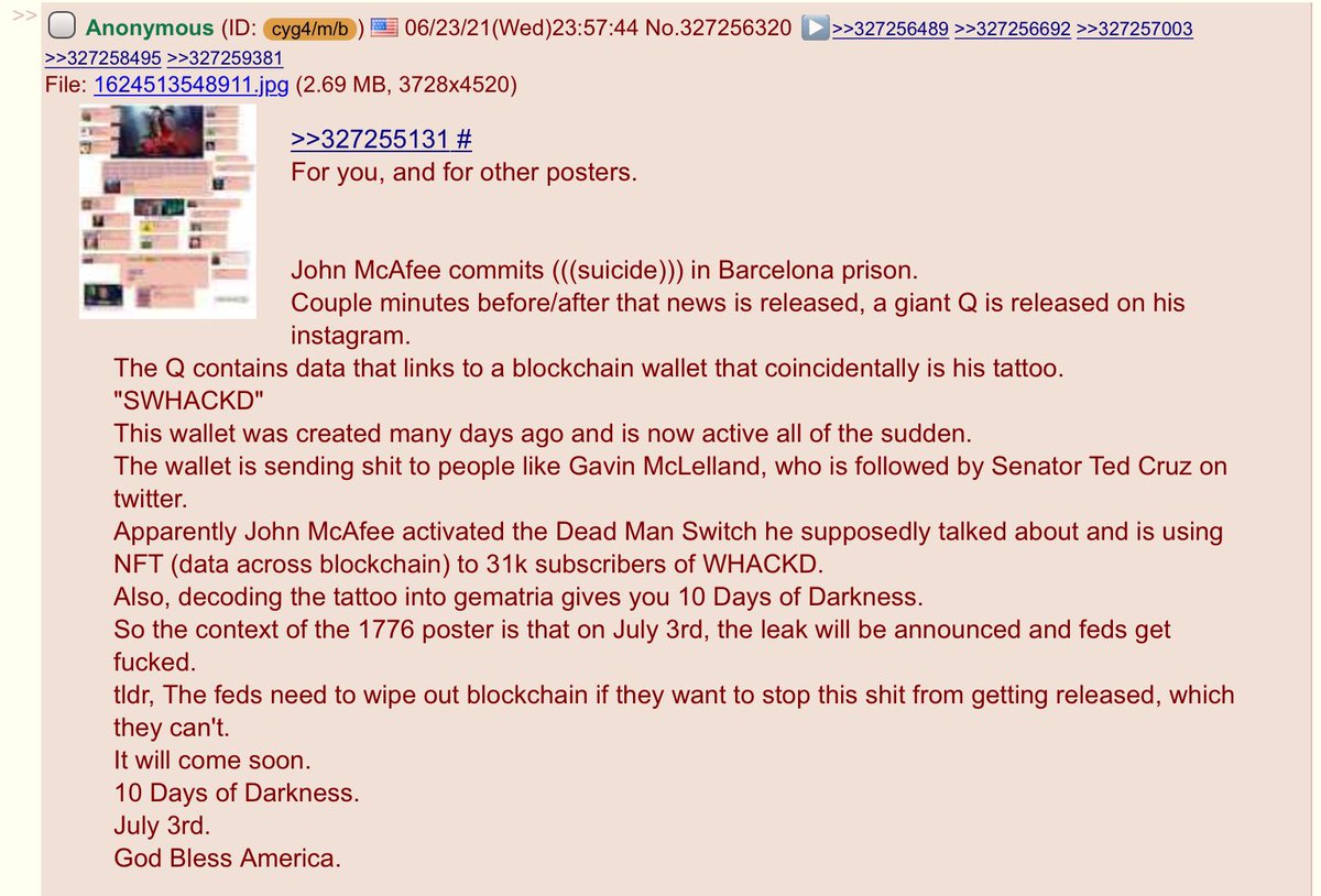 GodwinTheHuge's tweet photo. Heavy Speculation: #SWHACKD, do we have a previously inactive wallet going whrrrrrrr? Will they wipe the #blockchain? Are we headed towards 10 days of darkness?
#McAfee #McAfeeDidntUninstallHimself #mcafeedidntepsteinhimself
#Q #CueAnon #Blockchain #ThirtyOne https://t.co/ZigZNIV5Tn