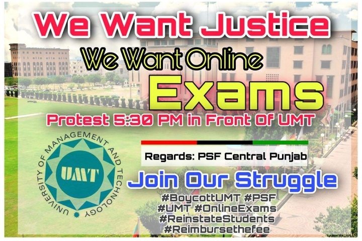 AroojAbbasKhan1's tweet photo. We request every student to be the part of this protest. No one has right to snub the voice of the students. Education is for youth but there is no participation of youth while making policies. And we condemn it. Join us today ✊🏻 #UMT #PSF #PPP #ReInstateStudents #OnlineExams https://t.co/KXZq7nlJ6M