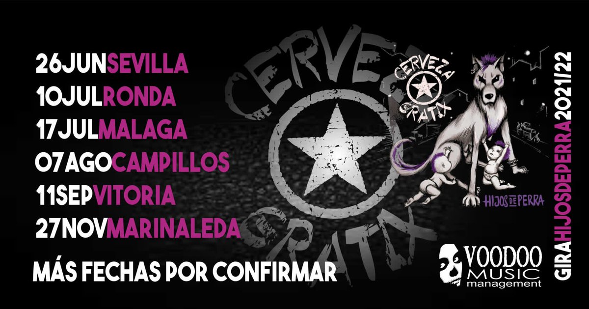 💥🍻 <a href="/CervezaGratix/">Cerveza Gratix</a> anuncia su gira #HijosDePerra, en la que presenta en directo su último álbum:

▶ 26 junio - #Sevilla
▶ 10 julio - #Ronda
▶ 17 julio - #Málaga
▶ 7 agosto - #Campillos
▶ 11 septiembre - #Vitoria
▶ 27 noviembre - #Marinaleda

Más fechas por confirmar...