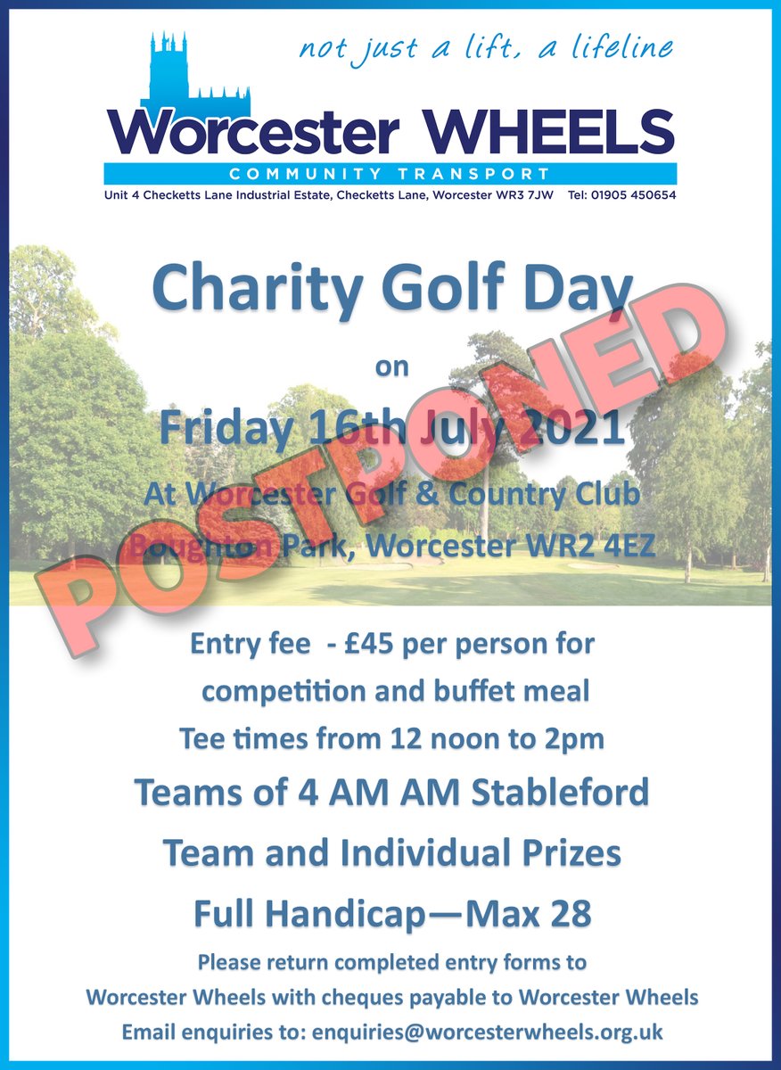 WWTransport's tweet image. 𝘗𝘓𝘌𝘈𝘚𝘌 𝘕𝘖𝘛𝘌: 𝗚𝗢𝗟𝗙 𝗗𝗔𝗬 𝗣𝗢𝗦𝗧𝗣𝗢𝗡𝗘𝗗

Our charity golf day booked for July 16th at Worcester Golf &amp;amp; Country Club has been postponed. We are hoping to reschedule later in the year - possibly for some time in October - and we will notify all concerned asap.