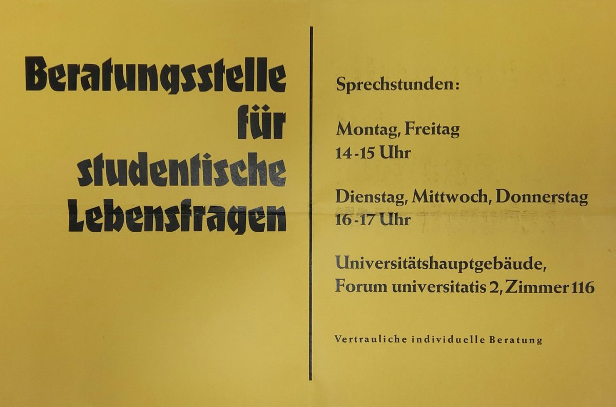 Bei #Krisen im Studium, #Depressionen und anderen seelischen Krankheiten können sich Studis ab 1967 an die Beratungsstelle für studentische Lebensfragen richten. Heute gibt es für solche Anliegen die Psychotherapeutische Beratungsstelle: pbs.uni-mainz.de.