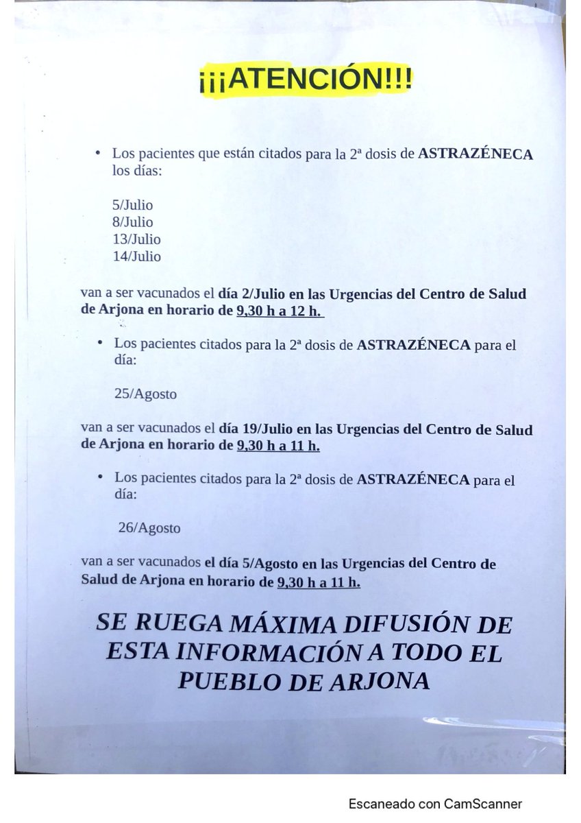 🔴 #URGENTE 

Información del Centro de Salud de Arjona sobre los vacunados con #ASTRAZÉNECA

#serviciopúblico 📃 
#aytoarjona 🏛