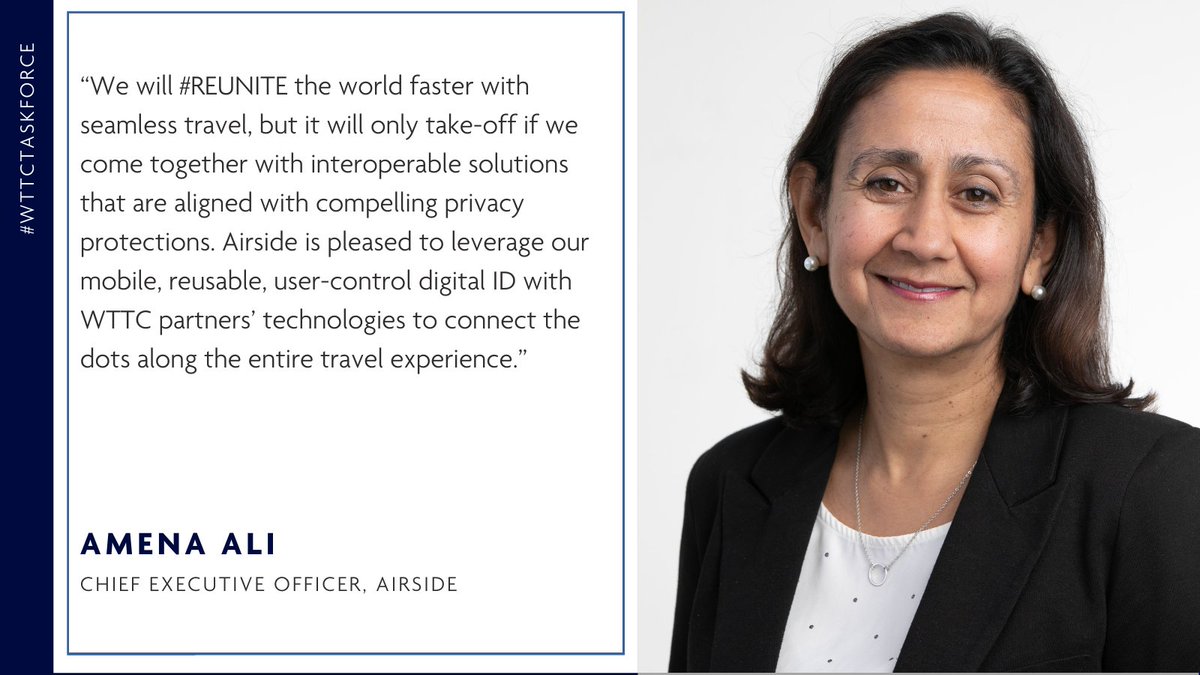 WTTC's tweet photo. Today at #WTTCTaskforce call, Amena Ali - @AirsideHQ Chief Executive Officer, talked about how COVID changed health data attitudes and the future of seamless travel.
#SSTJ #SeamlessTravel #TravelRecovery https://t.co/MzCr8OF7IF