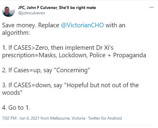 johnculvenor's tweet photo. Given @victoriancho is in a bit of a kerfuffle with #SlugGate, couldn't he be replaced with #robocho?
We are at level 3 today
#robocho works exactly the same as real CHO and is free - well, other than my modest commission https://t.co/9V3UgZh021