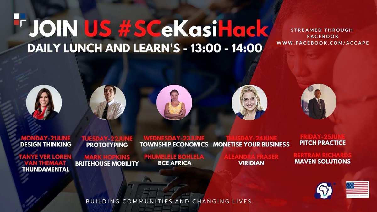 SiliconCape's tweet photo. Join us for todayโs #SCeKasiHack Lunch and Learn from 13:00-14:00 with Alex Fraser discussing how to monetise your digital solution. Join here https://t.co/wsQfr6n3iM https://t.co/12ArsHEzkM