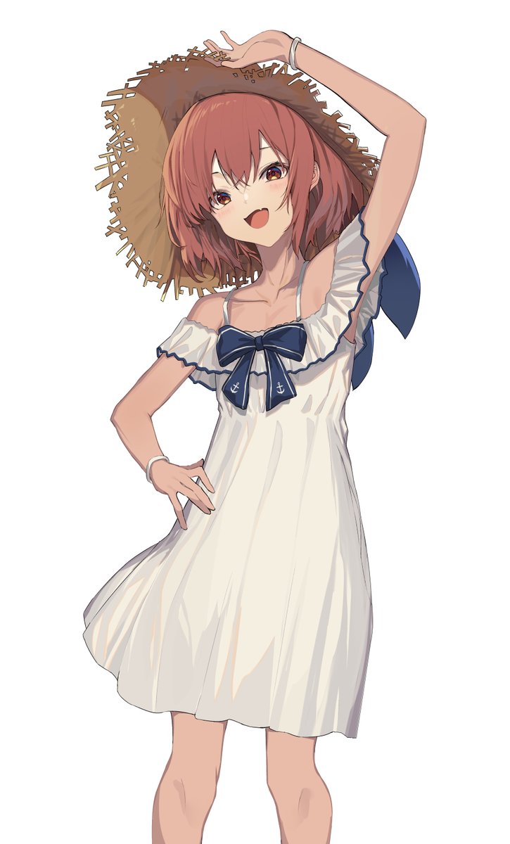 yukikaze (kancolle) 1girl solo dress hat white dress simple background straw hat  illustration images
