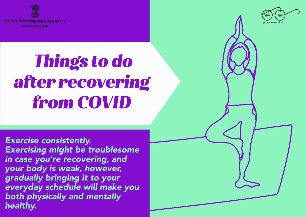 hriday_MoHUA's tweet photo. Exercise plays an important part of recovery after #COVID19 illness.

Hence, post #COVID19 recovery, exercising might cause trouble however, gradually bringing it to your daily schedule will make you both physically and mentally healthy. 

#Unite2FightCorona
#IndiaFightsCorona https://t.co/nPAF0slQ4d